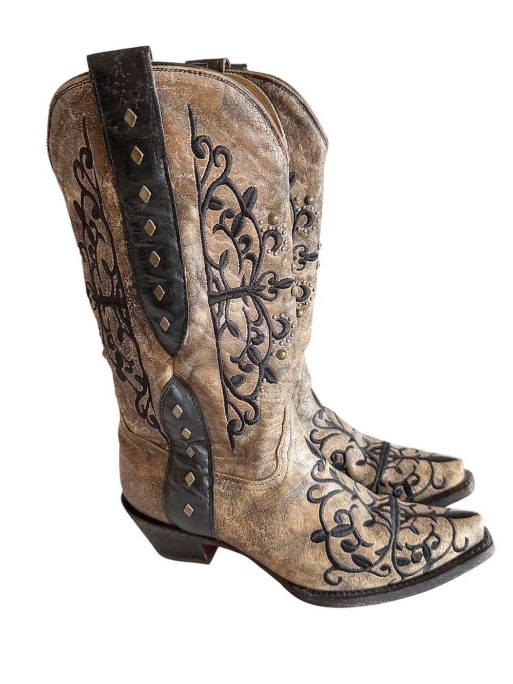 Corral Womens Embroidered Studded Western Cowboy Snip Toe Pull-on Boots size 7